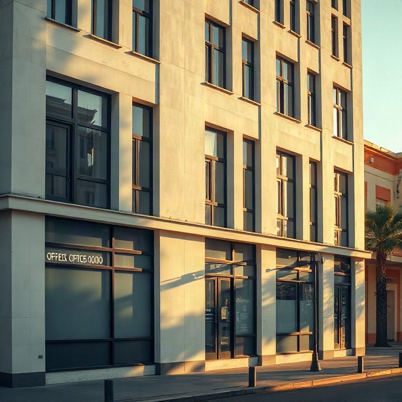 Fachada de estilo europeo de un edificio de oficinas en Las Piedras al atardecer