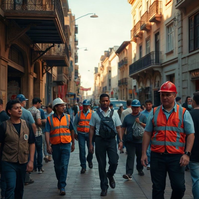 Trabajadores diversos en una escena urbana de Montevideo